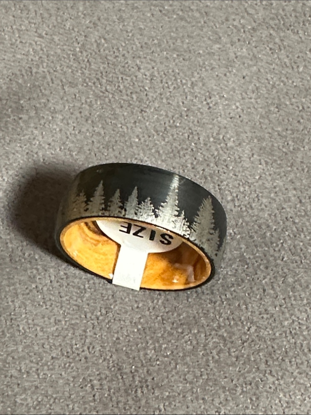 Men's Black Tree Silhouette Ring with Wood-Tone Inner Sleeve